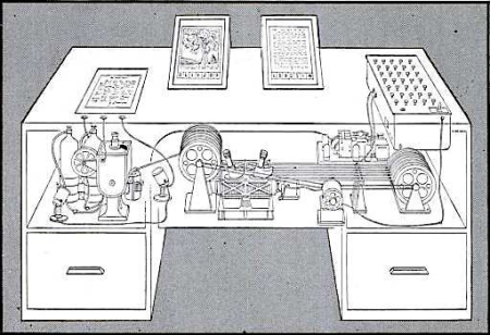 "Memex, in the form of a desk, would instantly bring files and material on any subject to the operator's fingertips. Slanting translucent viewing screens magnify supermicrofilm filed by code numbers. At left is a mechanism which automatically photographs longhand notes, pictures and letters, then files them in the desk for future reference."